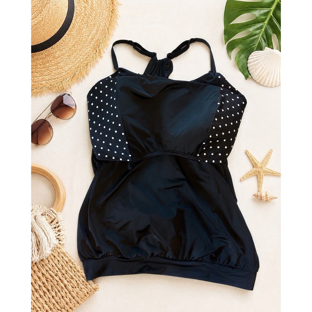 Swim by Cacique Tankini Top Womens 28 Black White Polka Dot No Wire Plus